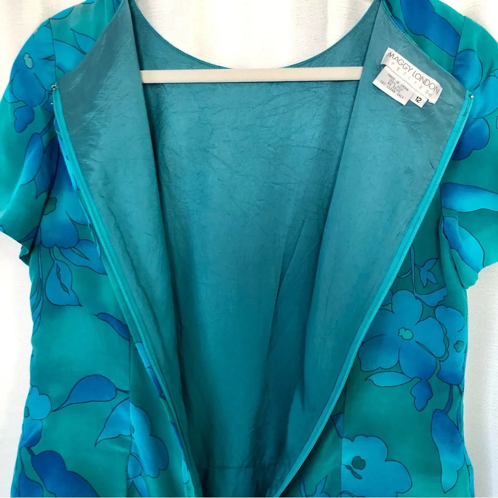 Silk dress Maggy London beautiful
 Floral Blue green sheath Vintage 12 P - Picture 9 of 9